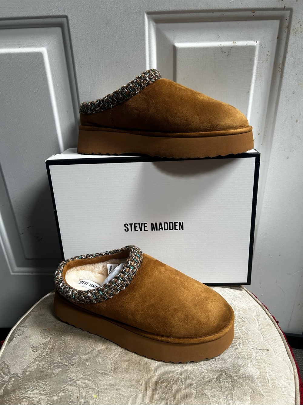 Steve Madden Tan Suede Platform Mules with Multicolor Trim